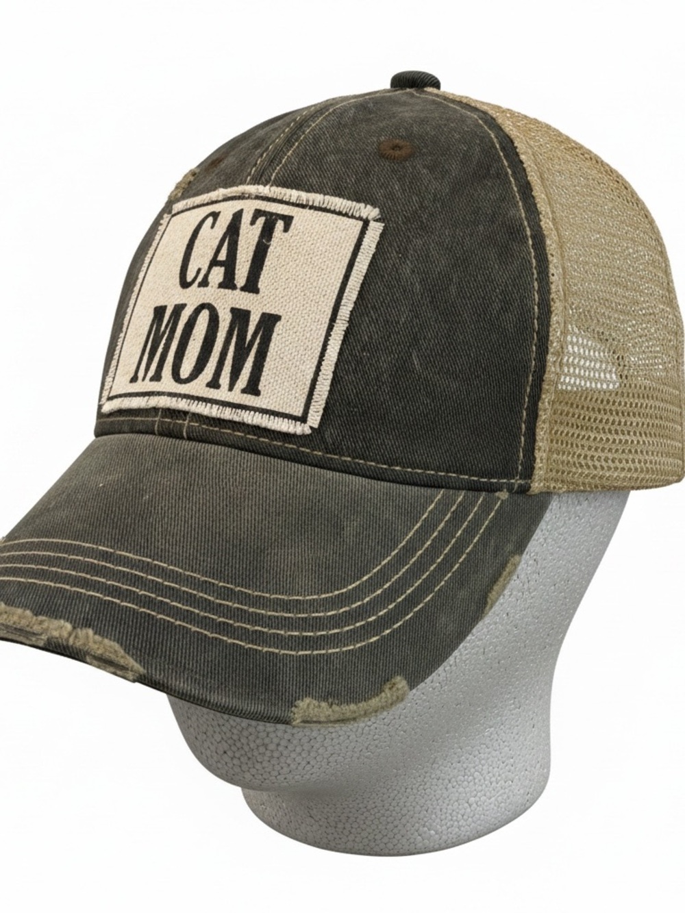 Cat Mom Distressed Trucker Hat - Beige & Gray new with tags